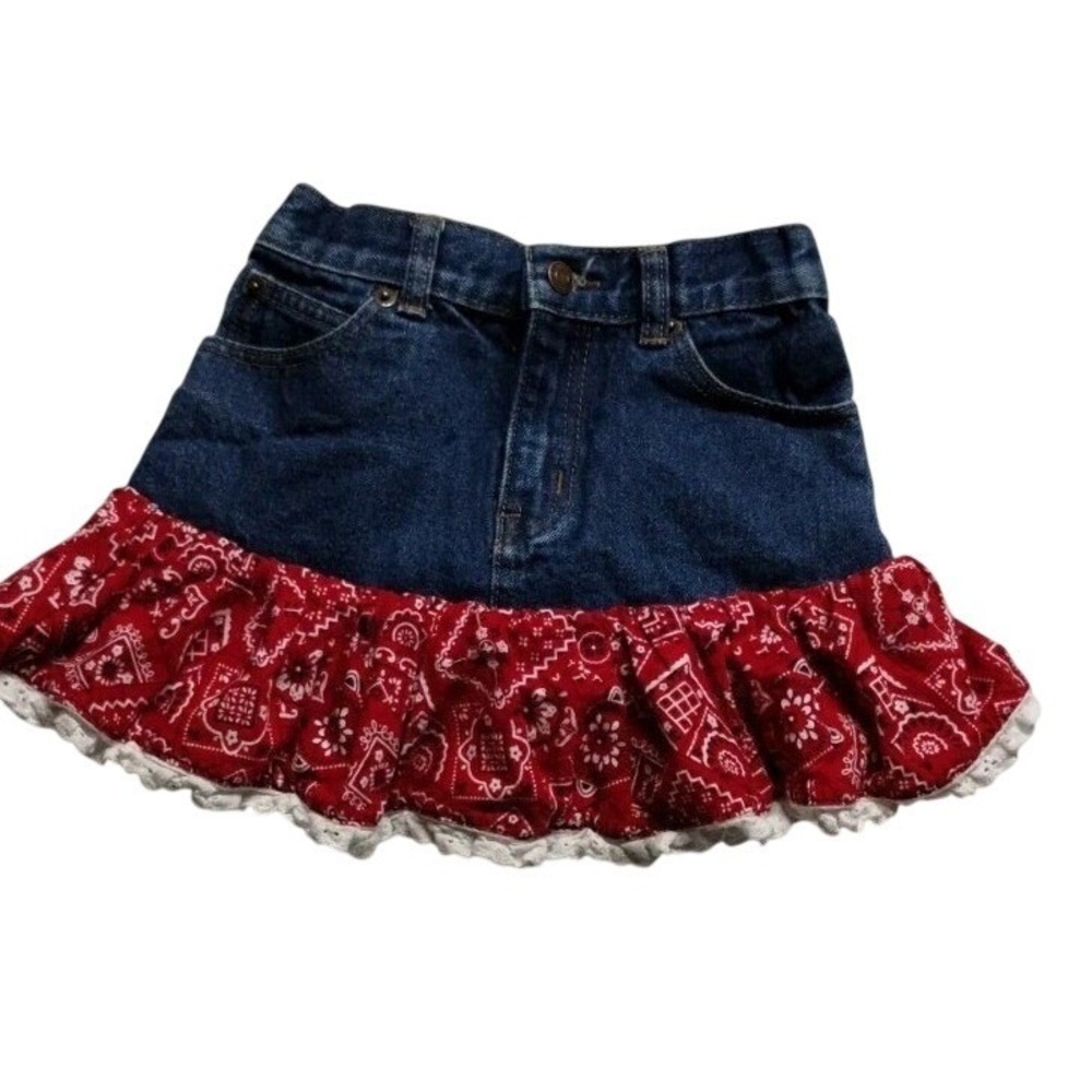 Kiddie Korral Kids Girls Denim Bandana Ruffle Skirt Red Blue Lace Trim Size 6